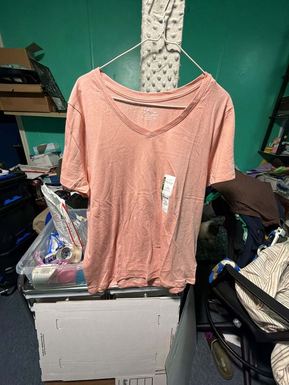 C0074 Time and Tru Women's Core V-Neck Tee Relaxed Fit Pima Cotton Pink XL 16-18